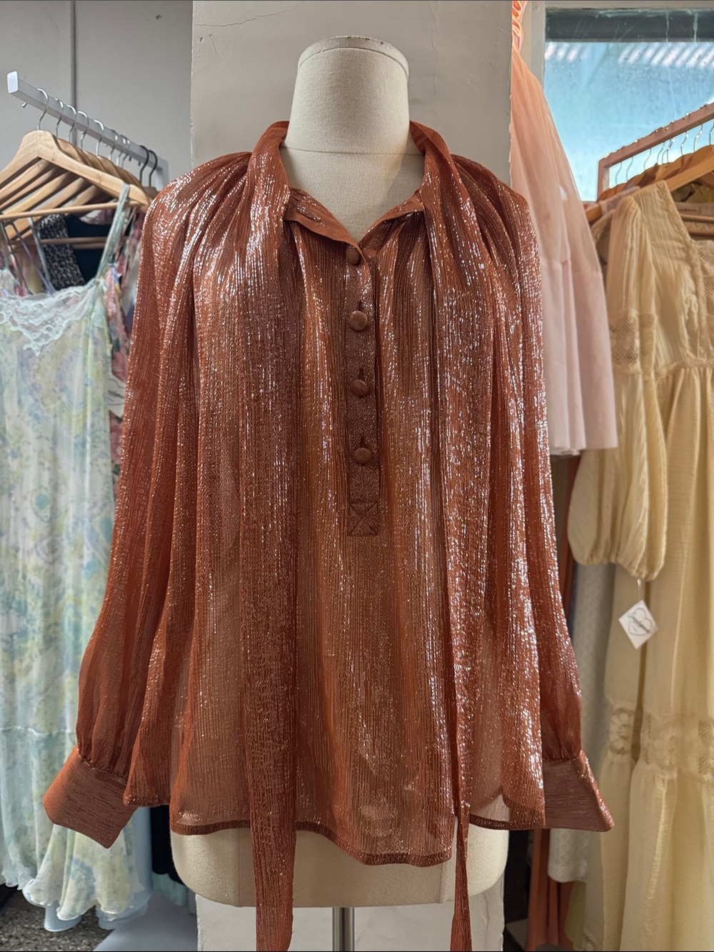 Sezane Metallic Zelda lurex Rust Tie-Neck Blouse